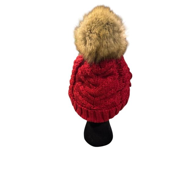 C.C Red Cable Knit Pom Beanie Hat With Faux Fur Pom One Size - Picture 2 of 9